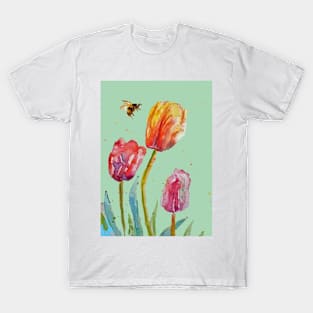 Tulip Flower Watercolor on Light Green T-Shirt